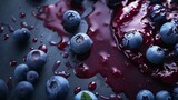 Blueberry jam smear on a table in food photography style. Blueberry top view.