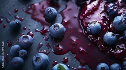 Blueberry jam smear on a table in food photography style. Blueberry top view. photo