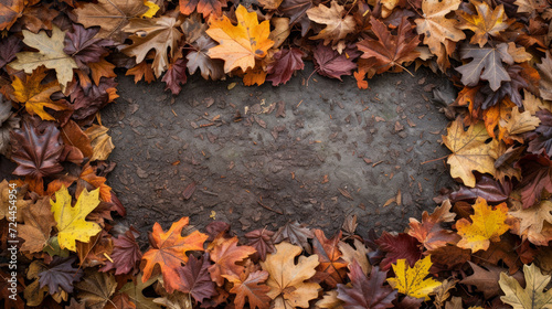 Autumn leaves framing a bare patch of soil, with space for text in the centre. © Jan
