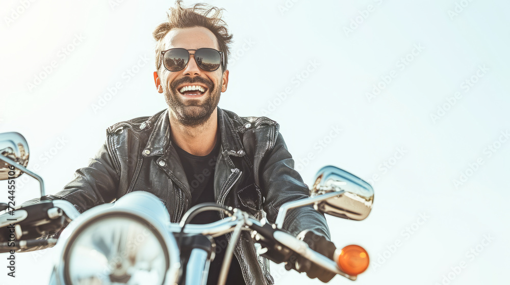 Close-up image of a biker in high spirits, radiating confidence and joy against a clean white backdrop