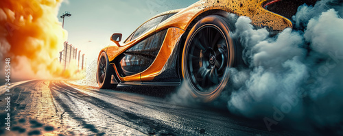 Sport car drifting on race track, Car wheel drifting and burning tires on speed track photo