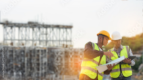 Construction engineers discussion with architects at construction site or building site of highrise building, Civil Engineer Hispanic smiling with Constuction backgrounds, use for banner cover. 