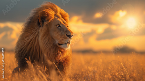 A photograph of a majestic lion with a large fluffy in field. 