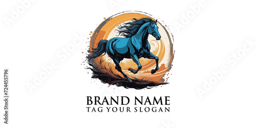 vector illustration of a horse running on water with a sunset background