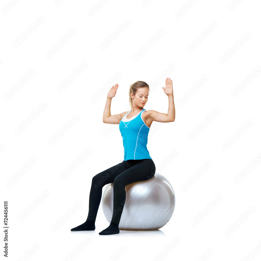Woman, ball or body balance on a white background space for workout, wellness or mobility exercise. Female athlete training, hands up or fitness for mockup, back posture or flexibility in studio