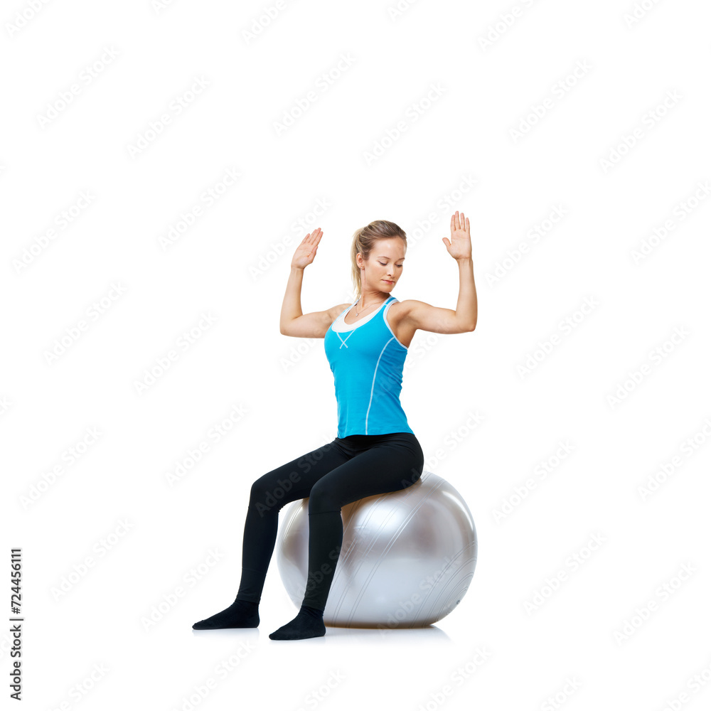 Woman, ball or body balance on a white background space for workout, wellness or mobility exercise. Female athlete training, hands up or fitness for mockup, back posture or flexibility in studio Woman, ball or body balance on a white background space for workout, wellness or mobility exercise. Female athlete training, hands up or fitness for mockup, back posture or flexibility in studio