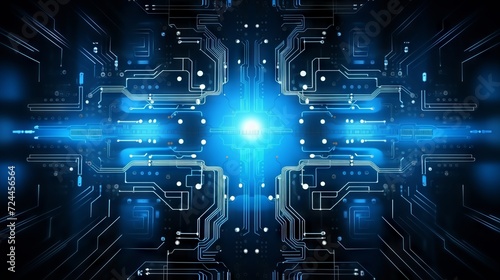 Abstract structure of circuit board with glowing neon blue lines and dots, computer technology and business concept background