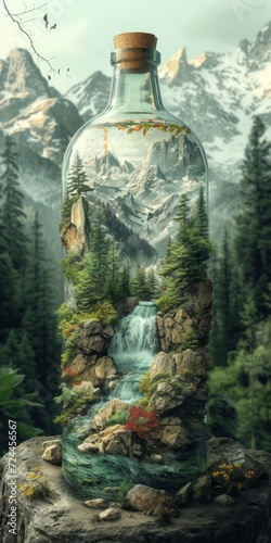 Nature in a Bottle: Artistic Illustration of a Pristine Mountainous Landscape Encased in Glass, Symbolizing Purity and Natural Beauty, Generative AI