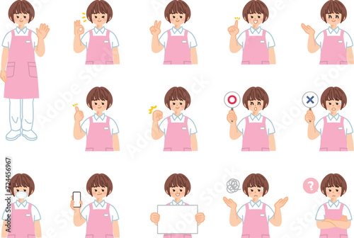 介護士の女性　表情とジェスチャーのイラスト素材セット