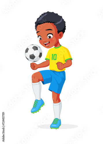 African American boy football player in uniform kicking soccer ball with knee. Isolated vector illustration