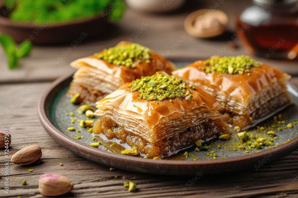 Baklava with pistachio nut on plate, layered pastry dessert made of filo pastry, and sweetened with syrup or honey