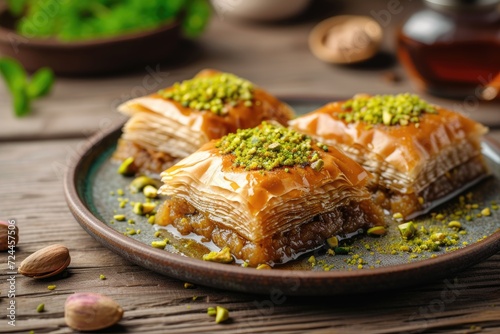 Baklava with pistachio nut on plate, layered pastry dessert made of filo pastry, and sweetened with syrup or honey