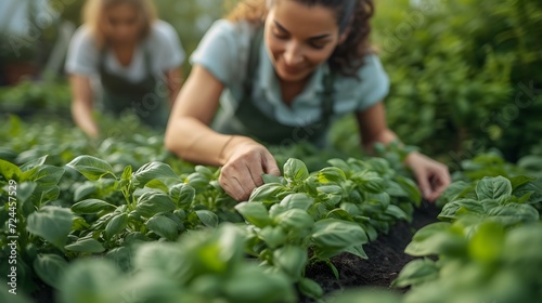 People picking herbs or veggies from a garden