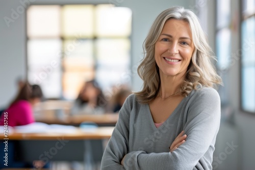 Free Download A smiling middle aged female teacher , arms crossed, standing in a classroom with blurred students in the background - GFXLoad