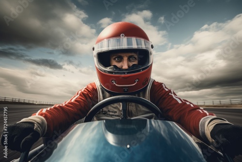 An image of a man wearing a helmet, driving a race car on a track, Racer in a helmet driving a car on the track, AI Generated