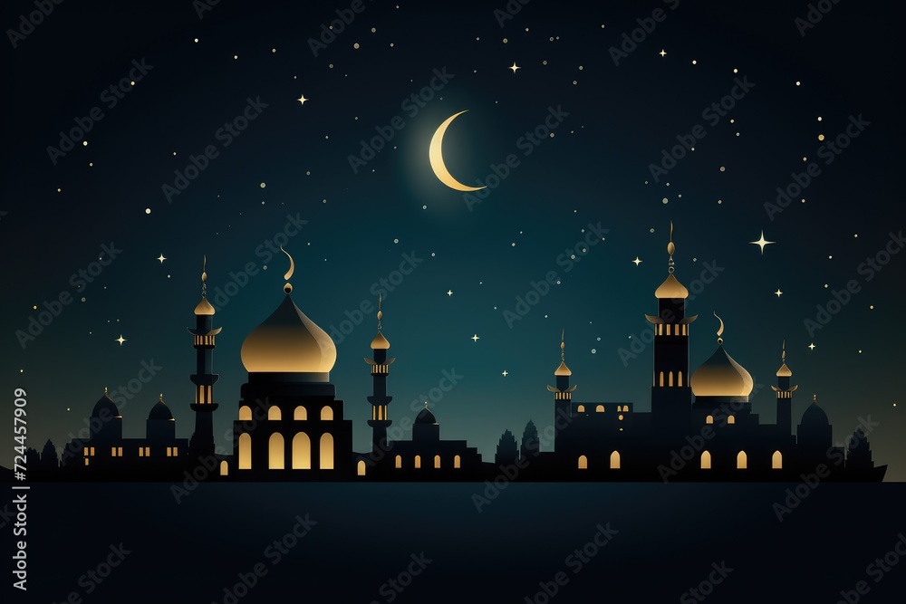 Night Scene With Mosque and Crescent, Illuminated Islamic Architecture in Peaceful Evening Setting, Ramadan Kareem background featuring a mosque and crescent moon, Vector illustration, AI Generated