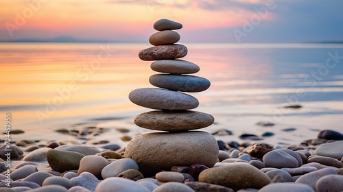 Zen stones pyramid on the beach with ocean view - meditation, spa, harmony, and balance concept