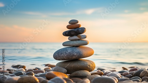 Zen stones pyramid on the beach with ocean view - meditation, spa, harmony, and balance concept