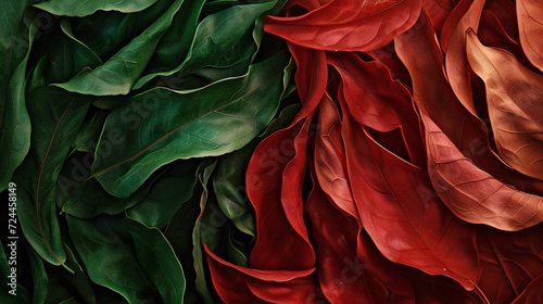 Emerald Ruby Blend: Intertwined dry leaves showcasing hues of emerald green and ruby red in a close-up shot.