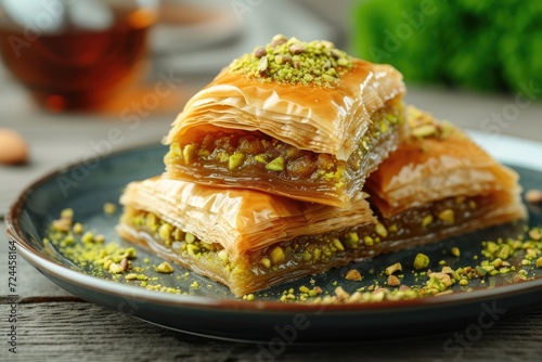 Baklava with pistachio nut on plate, layered pastry dessert made of filo pastry, and sweetened with syrup or honey photo