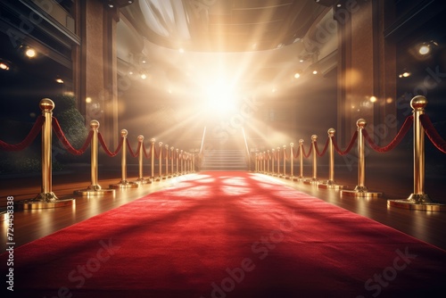 A red carpet with gold poles lays out a path for arrivals at a VIP event, exuding elegance and luxury, Red carpet rolling out in front of glamorous movie premiere background, AI Generated