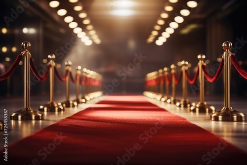 A red carpet stretches along a row of barriers, creating a distinguished pathway for guests at a special event, Red carpet rolling out in front of glamorous movie premiere background, AI Generated