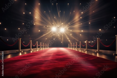 Red Carpet With Rope Barriers and Lights, A Luxurious Event Entrance, red carpet with spotlight, AI Generated photo