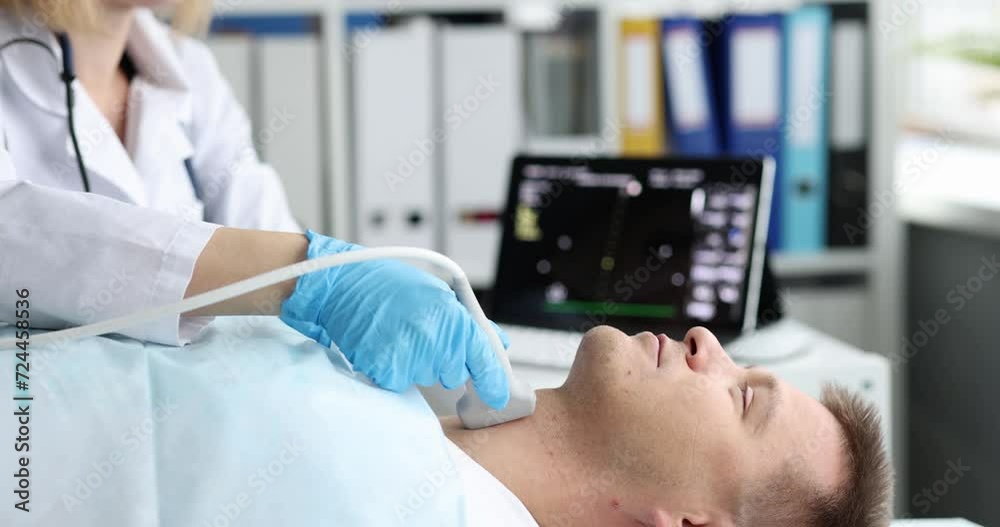 Thyroid scan on ultrasound scanner machine in hospital for patient. Doctor passes ultrasound transducer over patient neck and looks at screen
