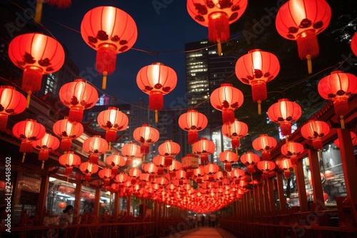 A city walkway illuminated at night  adorned with vibrant red lanterns creating a captivating scene  Red lanterns adorning Bangkok for Chinese New Year  AI Generated