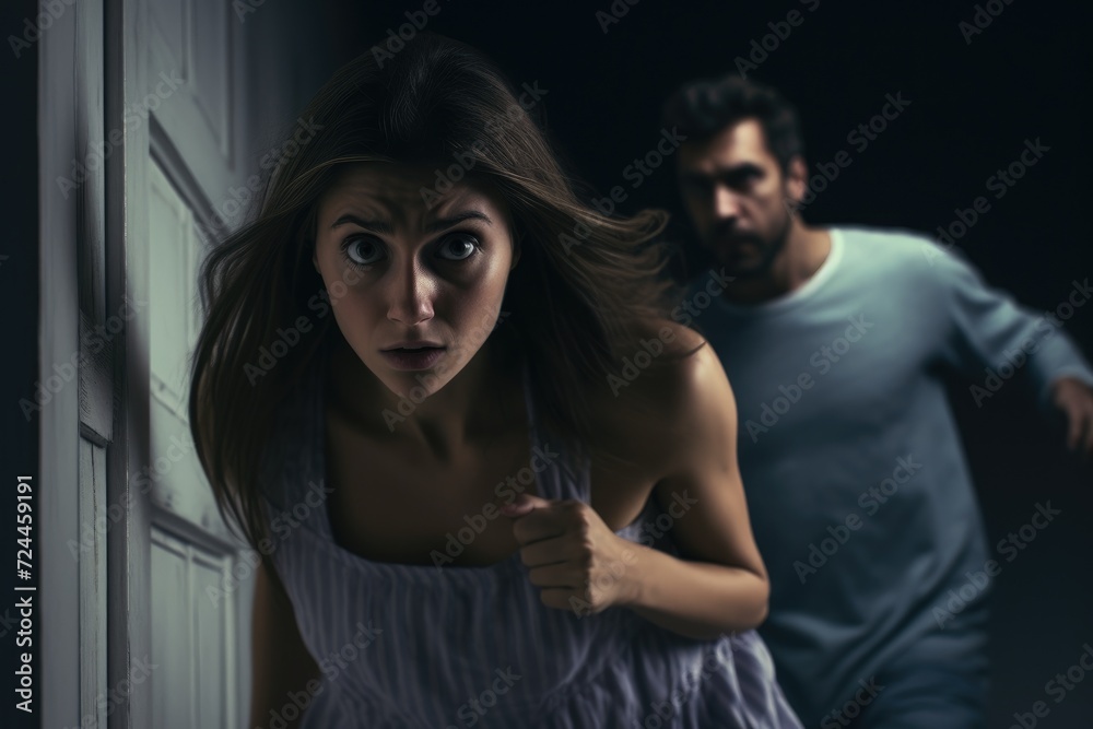 A man and a woman stand together in a dimly lit room, illuminated only by a flashlight, Scared young woman, adult girl escapes from dangerous man at night, AI Generated A man and a woman stand together in a dimly lit room, illuminated only by a flashlight, Scared young woman, adult girl escapes from dangerous man at night, AI Generated