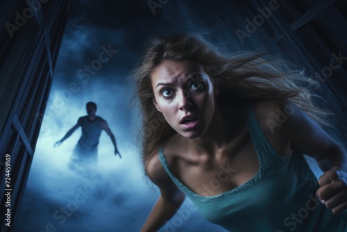 A dynamic image of a determined woman, wearing a blue tank top, swiftly running through a mist-filled hallway, Scared young woman, adult girl escapes from dangerous man at night, AI Generated