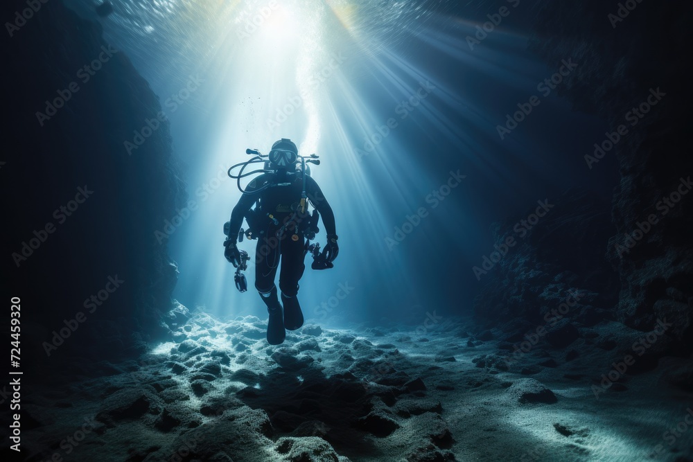 A person wearing a scuba suit explores the mysterious depths of a cave, embarking on an exciting underwater adventure, Scuba deep sea diver swimming in a deep ocean cavern, AI Generated