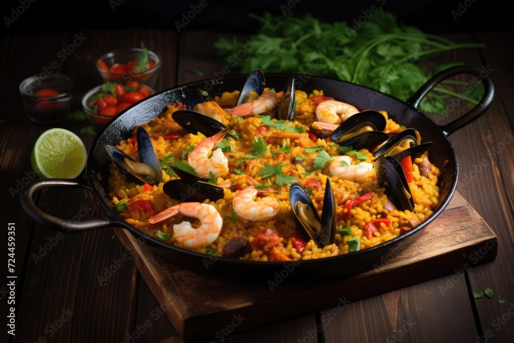 A mouthwatering dish prepared in a skillet, featuring a delectable combination of seafood and rice, Seafood paella presented in a cast iron pan on a wooden background, AI Generated