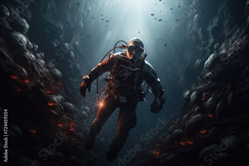 A man equipped in a diving suit explores the interior of a cave as part of scientific research  Scuba deep sea diver swimming in a deep ocean cavern  AI Generated