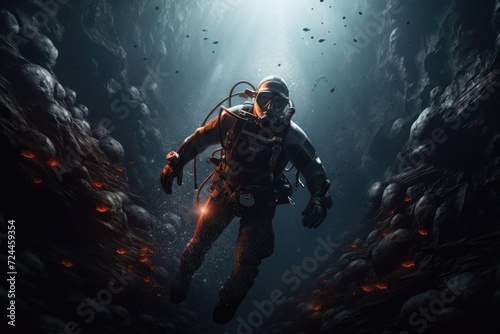 Wallpaper Mural A man equipped in a diving suit explores the interior of a cave as part of scientific research, Scuba deep sea diver swimming in a deep ocean cavern, AI Generated Torontodigital.ca