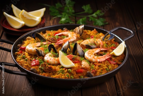 A scrumptious pan of paella cooked with a medley of flavorful shrimp and plump mussels, Seafood paella presented in a cast iron pan on a wooden background, AI Generated