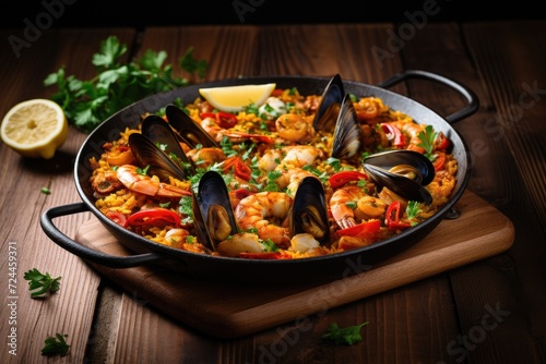 A flavorful pan of paella filled with succulent shrimp and plump mussels, creating a delightful seafood feast, Seafood paella presented in a cast iron pan on a wooden background, AI Generated