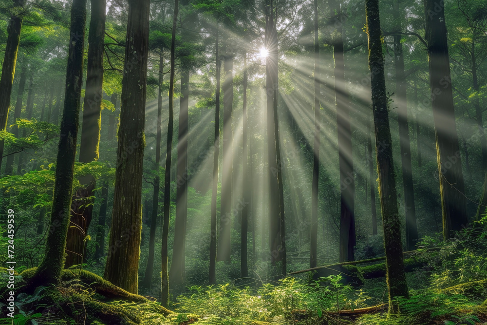 Fototapeta premium Natural scene of sunlight shining through a beautiful forest.