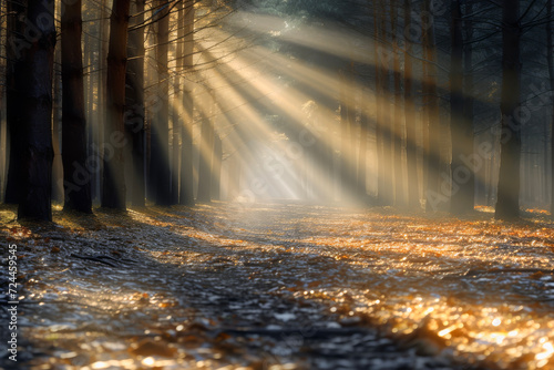 Natural scene of sunlight shining through a beautiful forest.