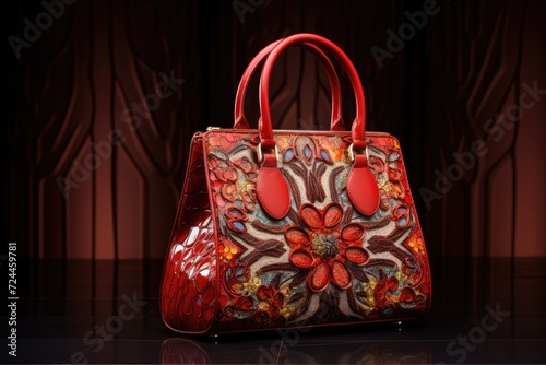 A fashionable red handbag featuring a lovely flower design, perfect for adding a touch of style to any outfit, Shop style elegance female store stylish sale fashionable luxury bag, AI Generated