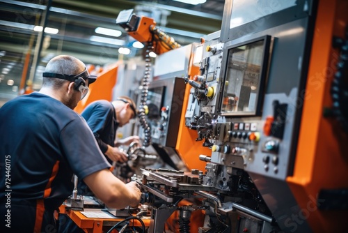 Two men can be seen diligently operating a machine in a busy factory workshop, Skilled individuals operating various machines in a manufacturing or industrial, AI Generated