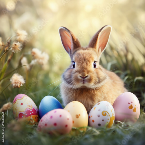 Easter bunny and eggs on green grass. Easter holidays concept.