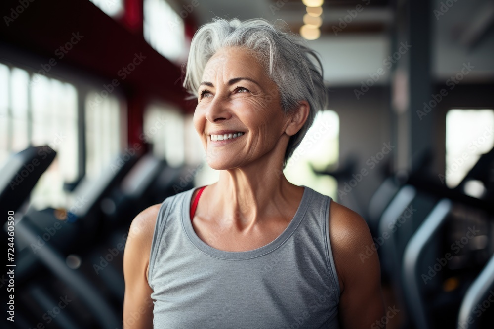 An older woman with a joyful expression on her face, happily posing in a gym, Smiling happy healthy fit slim senior woman with grey hair practising indoors sport, AI Generated