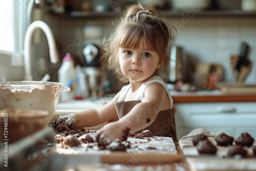 A young girl with a beaming smile is making chocolate cookies, her hands dusted with flour, in a warm, homey kitchen atmosphere.