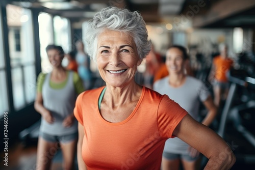 A lively group of women jogging on treadmills at a gym, engaging in a healthy fitness activity, Smiling happy healthy fit slim senior woman with grey hair practising indoors sport, AI Generated © Iftikhar alam