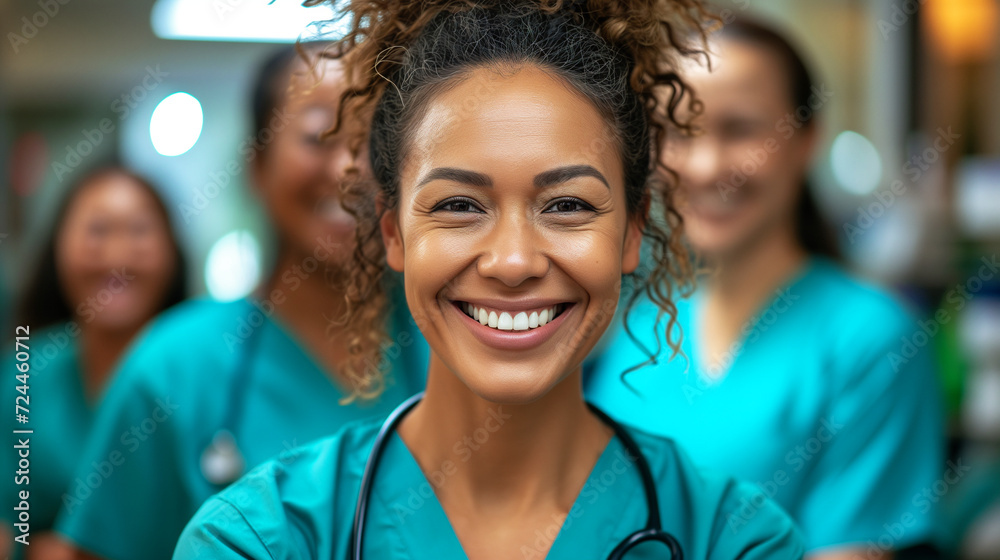 joyful female nurse in teal scrubs with curly hair, smiling at the camera, with her colleagues in soft focus in the background - obrazy, fototapety, plakaty 