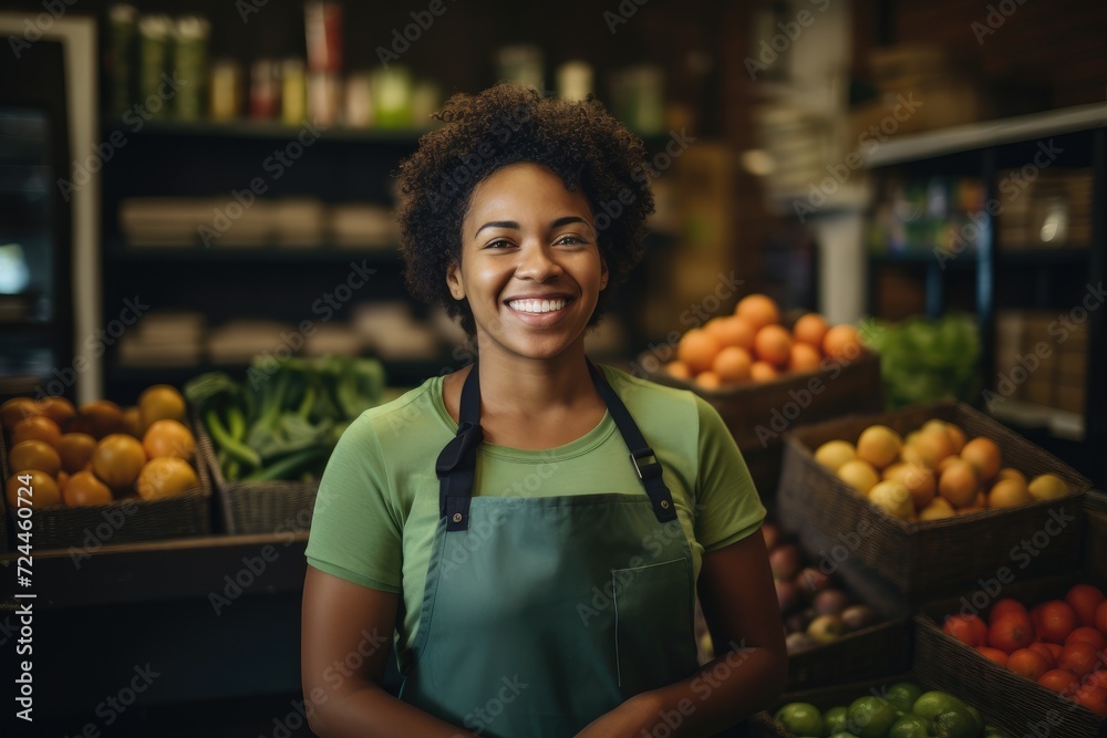 A woman stands in front of a display of various fruits in a market, Smiling woman seller wearing a green apron in a supermarket, AI Generated A woman stands in front of a display of various fruits in a market, Smiling woman seller wearing a green apron in a supermarket, AI Generated