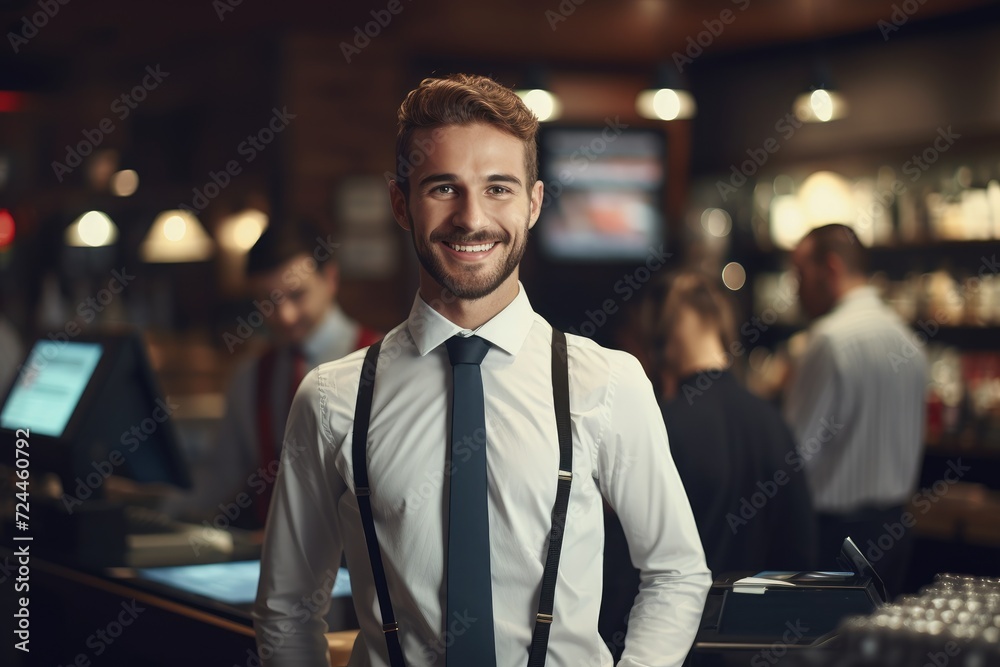 Fototapeta premium A well-dressed man in suspenders and a tie stands confidently in front of a vibrant bar, Smiling, young and attractive salesman, cashier serving customers, AI Generated