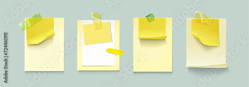 Memo note sticker paper attached with adhesive tape and paperclip. Realistic vector mockup set of empty notebook sheet with line, dots and checkered texture, yellow sticky writing stationery.