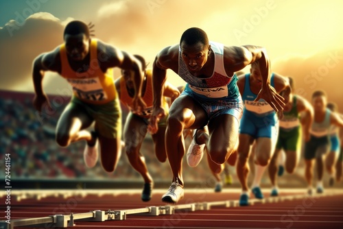 Men Running on a Track, Athletes Engaged in Physical Activity, Sprinters bursting out of the starting blocks at a track and field event, AI Generated © Iftikhar alam